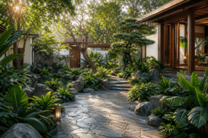 Phối Cảnh Thiết Kế Sân Vườn Hiện Đại Với Lối Đi Đá Và Mảng Xanh Hài Hòa