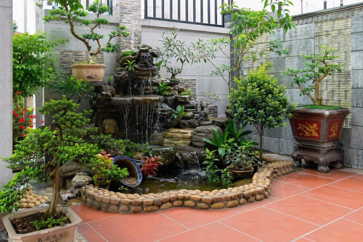 Hòn Non Bộ Có Thác Nước Nhỏ Trong Sân Vườn