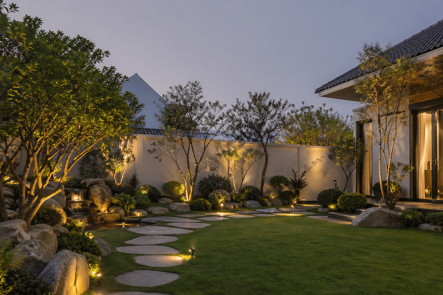 Thiết Kế Sân Vườn Hoàn Thiện Với Cây Xanh, Đá Tự Nhiên Và Mặt Nước Trang Trí