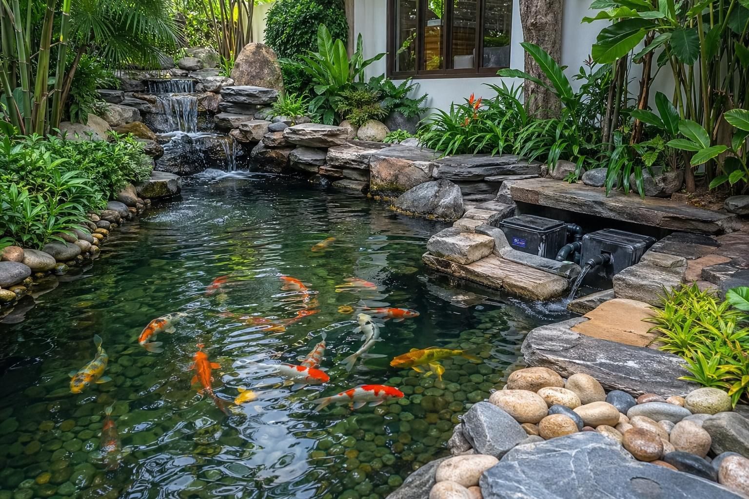 Kỹ Thuật Hồ Cá Koi Sân Vườn Với Đá Và Cây Xanh