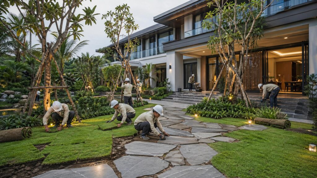 Thi Công Sân Vườn Biệt Thự Với Lối Đi Đá, Cây Xanh Và Thảm Cỏ Hoàn Thiện