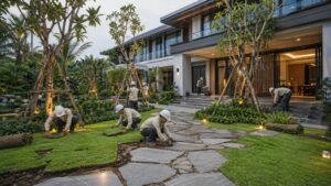 Thi Công Sân Vườn Biệt Thự Với Lối Đi Đá, Cây Xanh Và Thảm Cỏ Hoàn Thiện