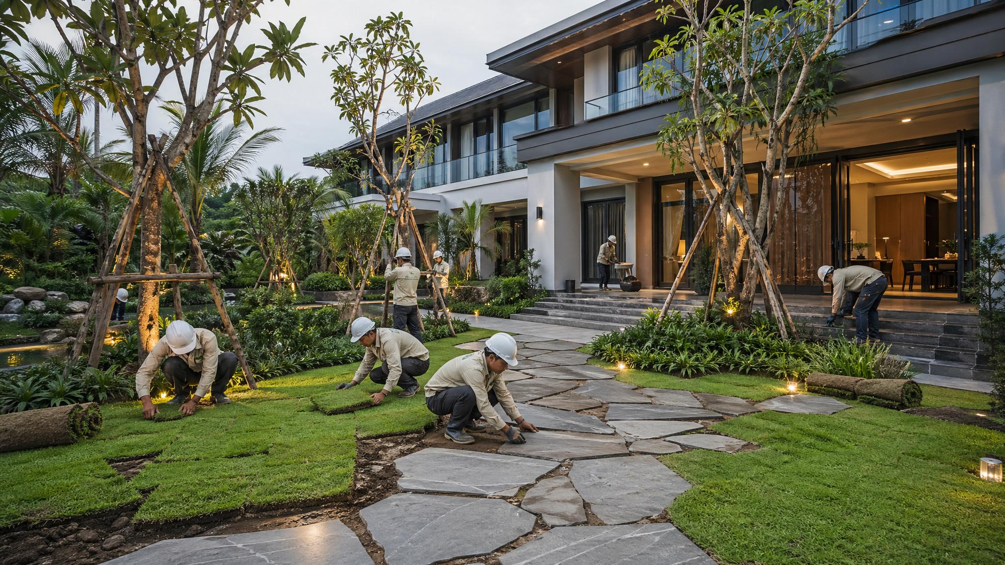 Thi Công Sân Vườn Biệt Thự Với Lối Đi Đá, Cây Xanh Và Thảm Cỏ Hoàn Thiện