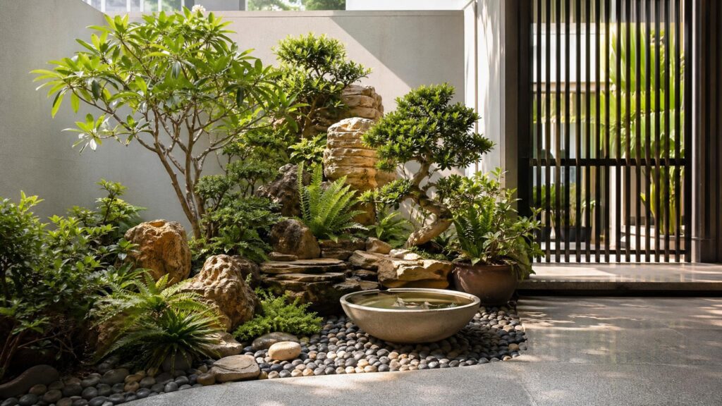 Tiểu Cảnh Sân Vườn Nhỏ Với Đá Tự Nhiên, Cây Xanh Và Mặt Nước Trang Trí