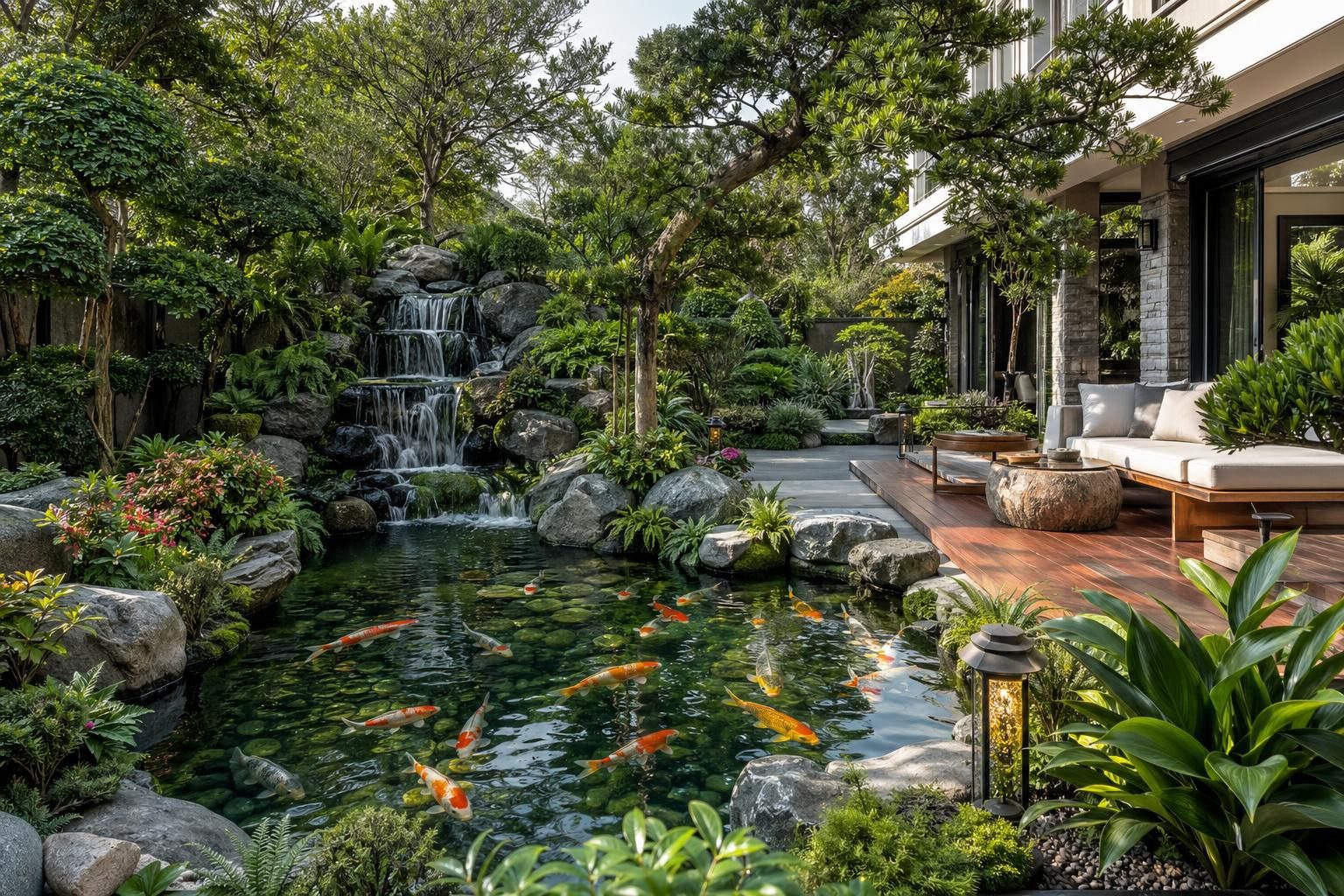 Hồ Cá Koi Sân Vườn Kết Hợp Thác Nước Tự Nhiên