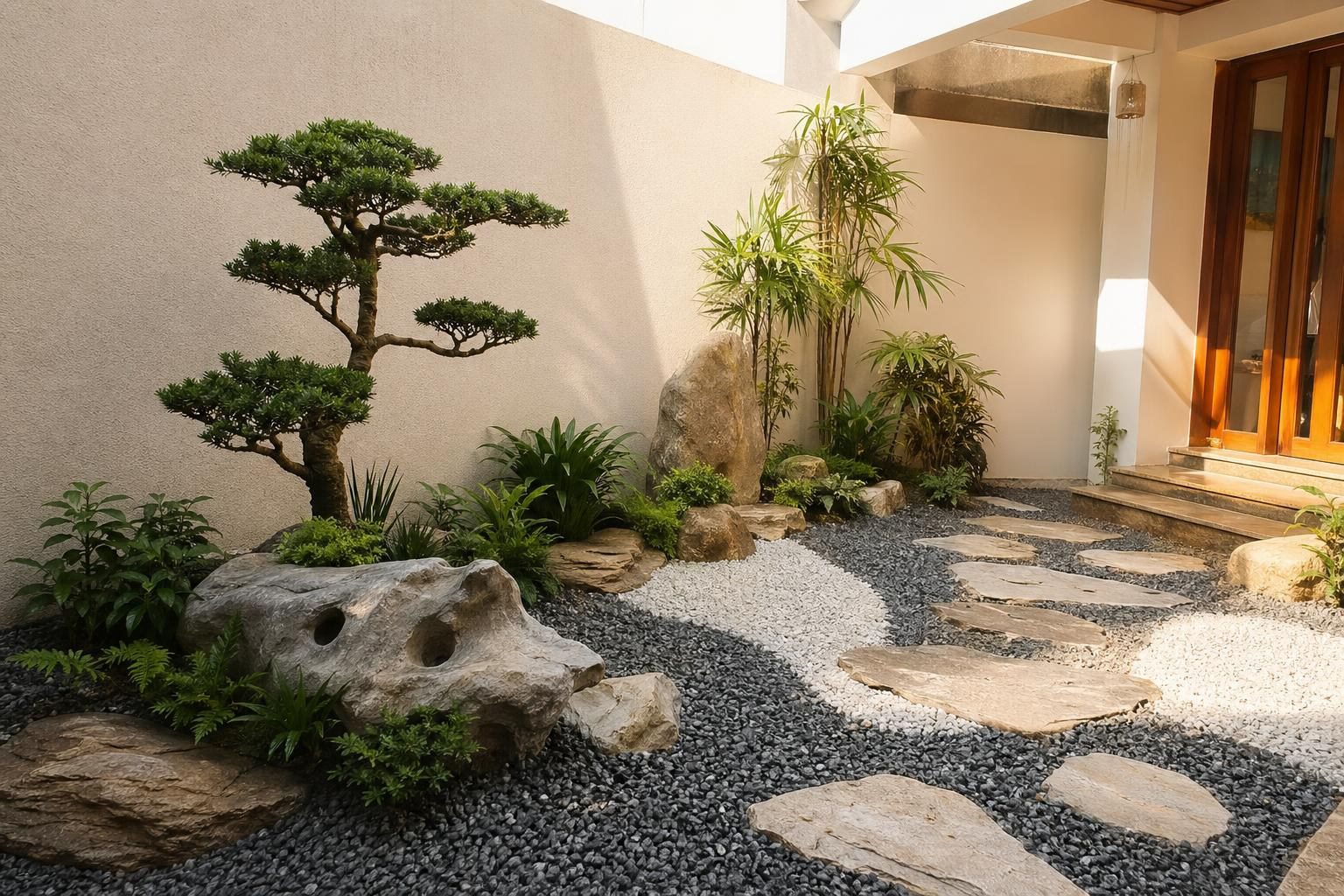 Tiểu Cảnh Khô Sân Vườn Với Đá Sỏi Và Cây Xanh