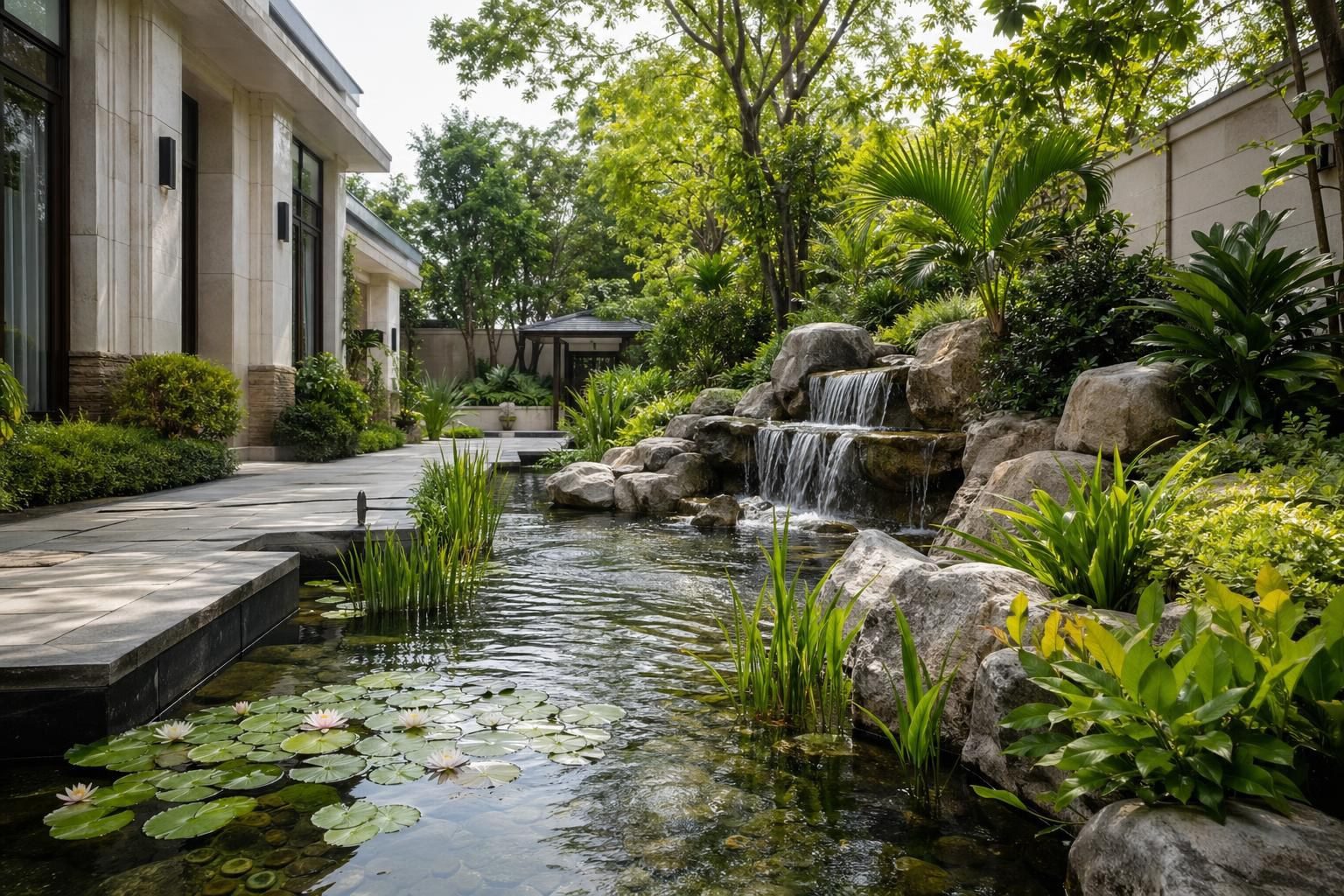 Tiểu Cảnh Nước Sân Vườn Với Đá Và Cây Xanh