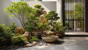 Tiểu cảnh sân vườn nhỏ trước nhà với cây xanh dễ chăm sóc