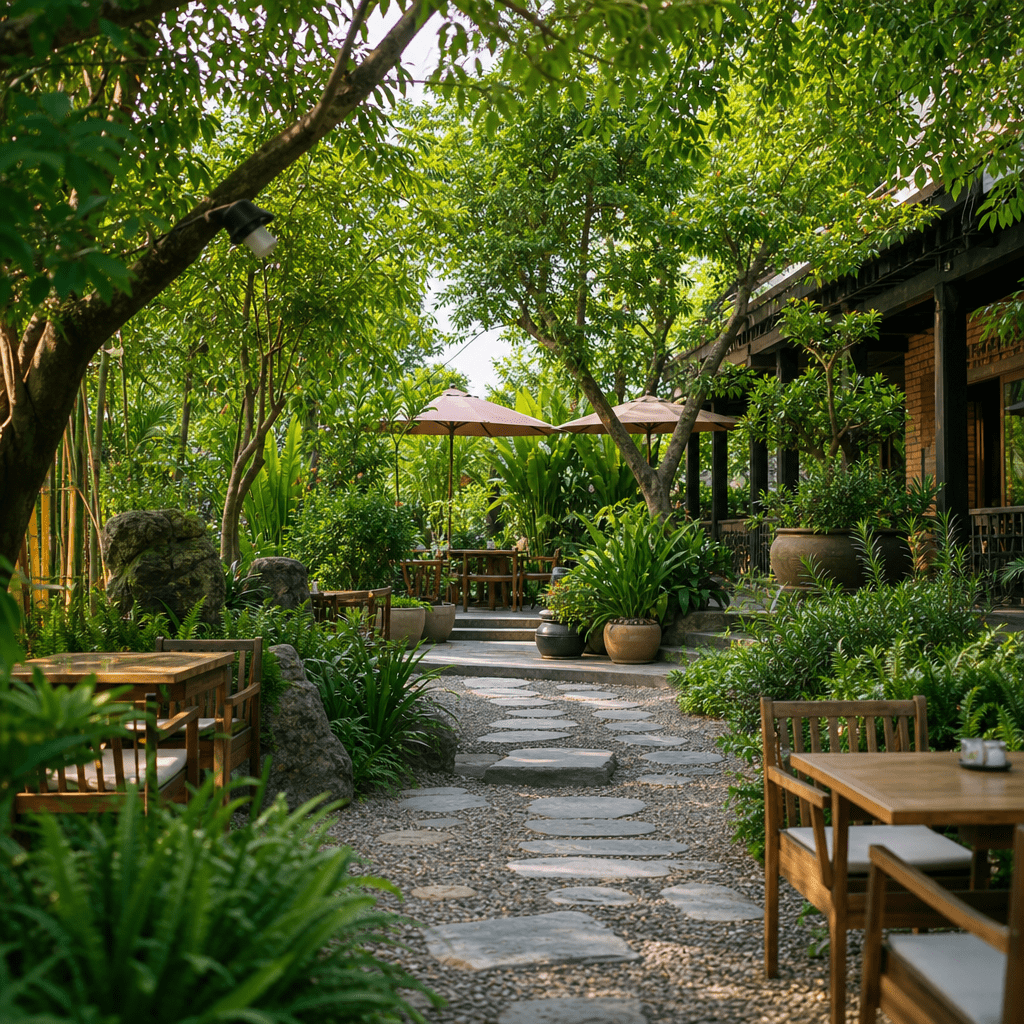 Thiết Kế Cảnh Quan Quán Cafe Sân Vườn Xanh Mát Với Lối Đi Và Bàn Ghế Ngoài Trời
