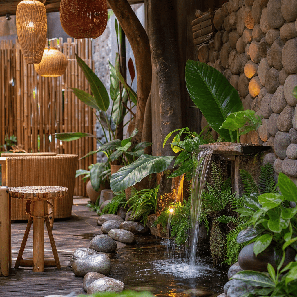 Góc Check-In Trong Quán Cafe Sân Vườn Với Tiểu Cảnh Nước Và Cây Xanh