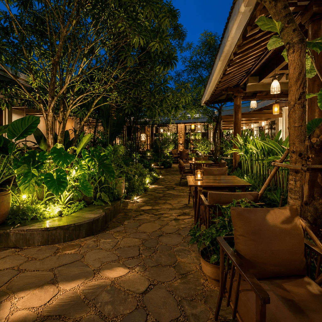 Ánh Sáng Sân Vườn Buổi Tối Giúp Quán Cafe Xanh Đẹp Và An Toàn Cho Khách