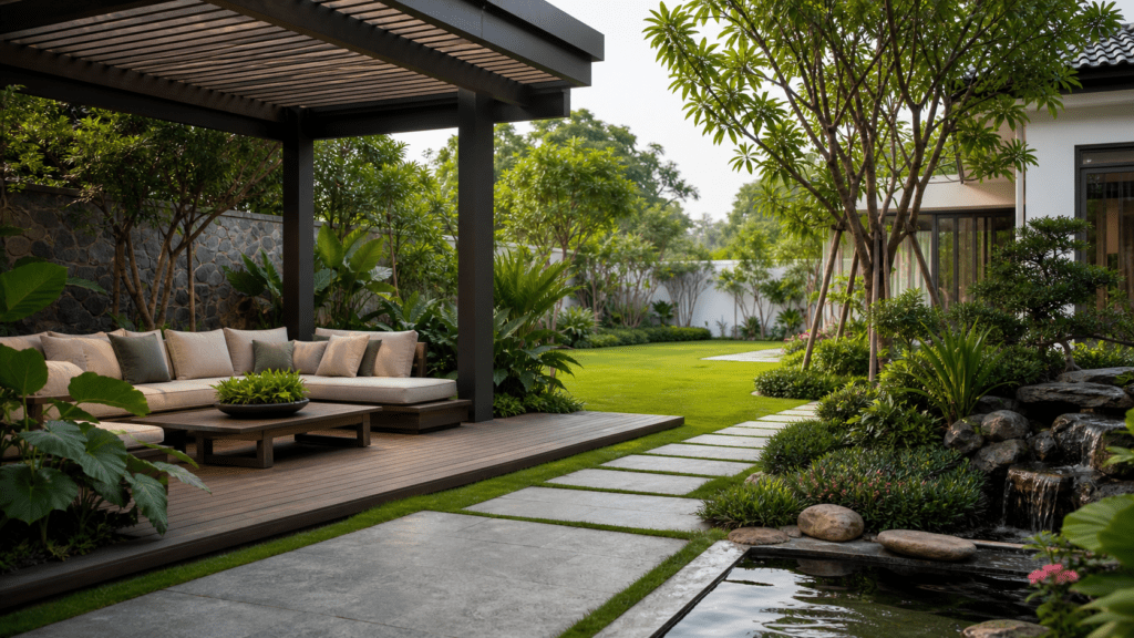 Góc nghỉ dưỡng pergola trong sân vườn biệt thự cao cấp