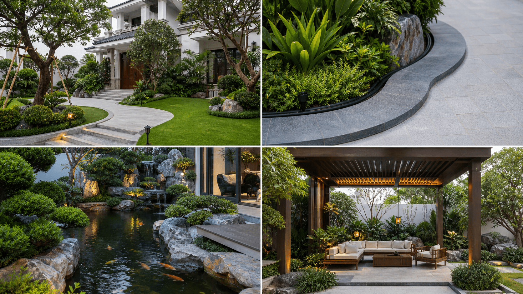 Sân Vườn Biệt Thự Hoàn Thiện Với Lối Đi Đá Cây Xanh Và Thảm Cỏ