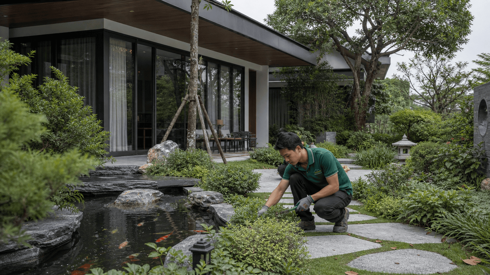 Nhân viên Mỹ Thuật Nam Thắng chăm sóc cảnh quan sân vườn biệt thự tại Hà Nội