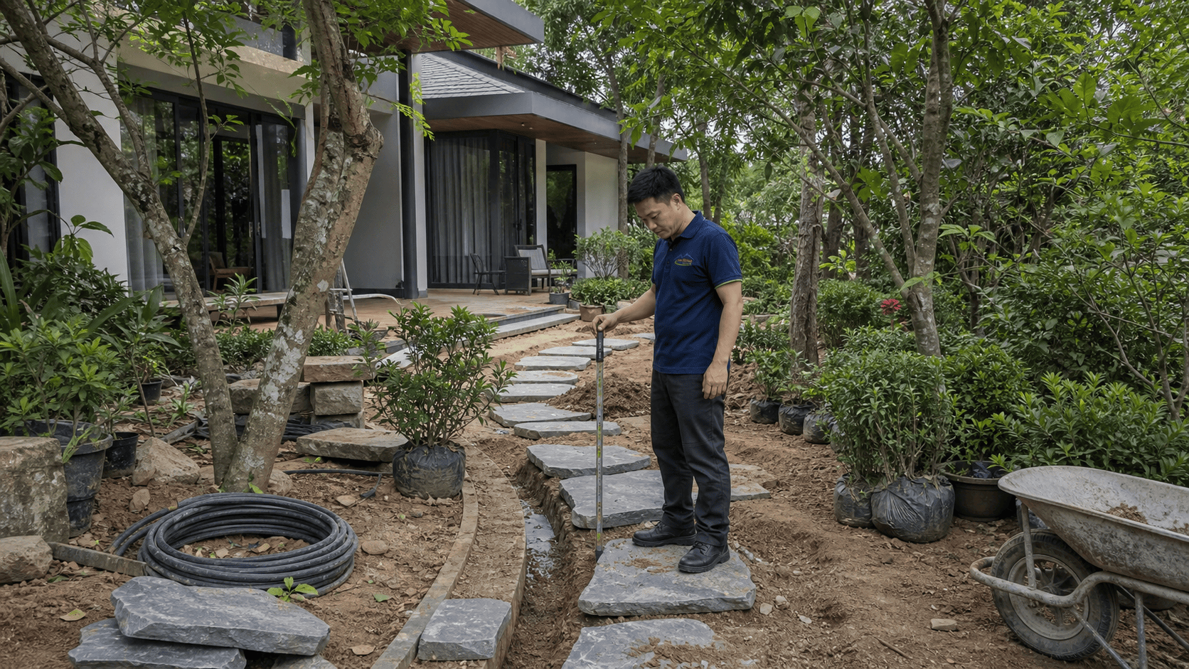 Nhân viên Mỹ Thuật Nam Thắng kiểm tra cao độ lối đi khi thi công cảnh quan sân vườn biệt thự