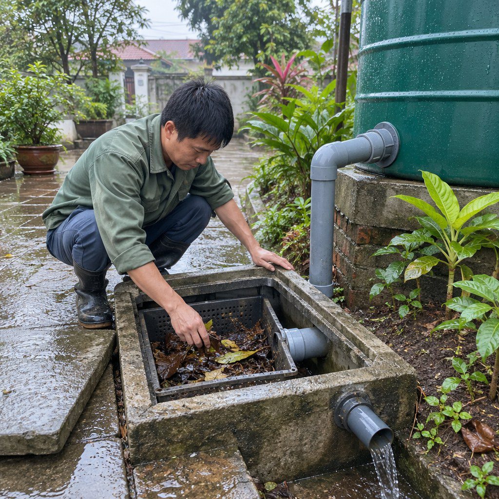 Kiểm tra bộ lọc và đường tràn bể nước mưa
