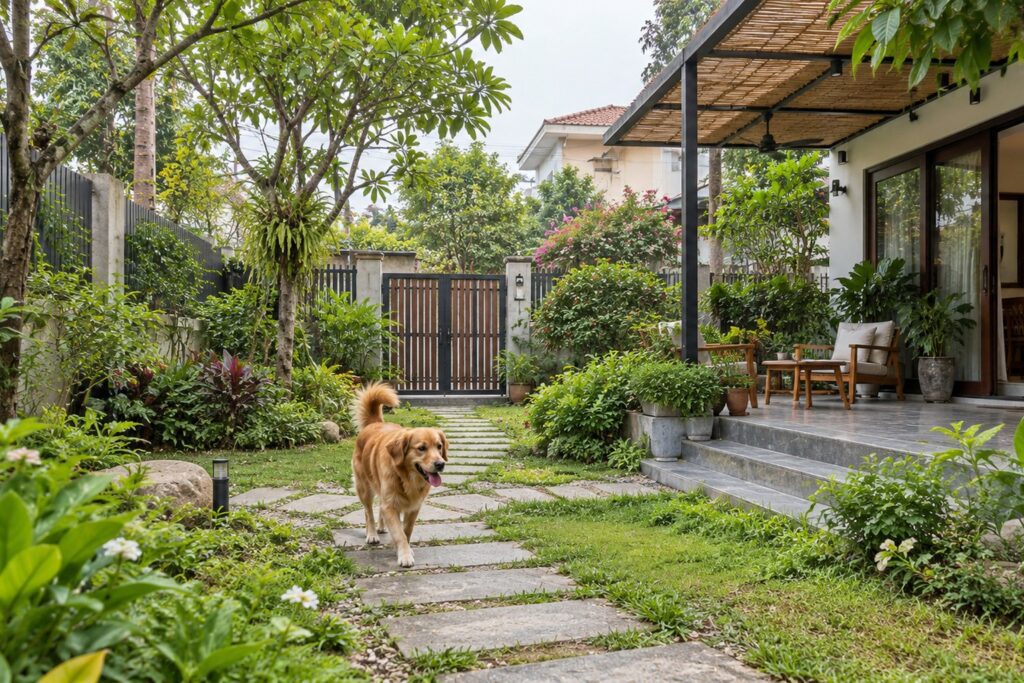 Sân vườn an toàn cho chó mèo với lối đi và cổng kín