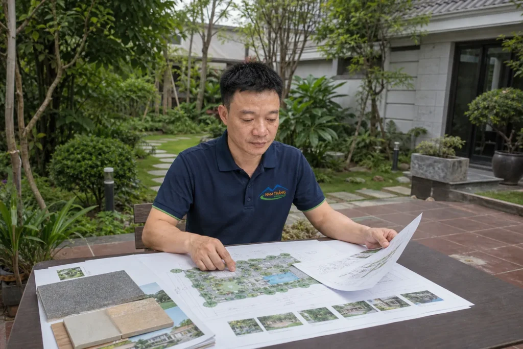 Nhân sự Nam Thắng kiểm tra hồ sơ thiết kế cảnh quan sân vườn