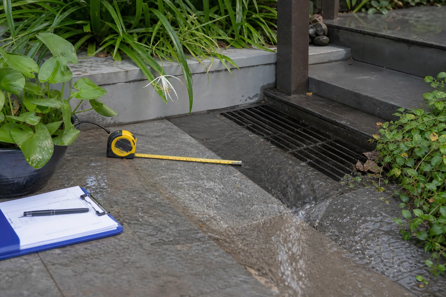 checklist nghiệm thu thi công sân vườn – Kiểm tra thoát nước và cao độ sân vườn trước bàn giao