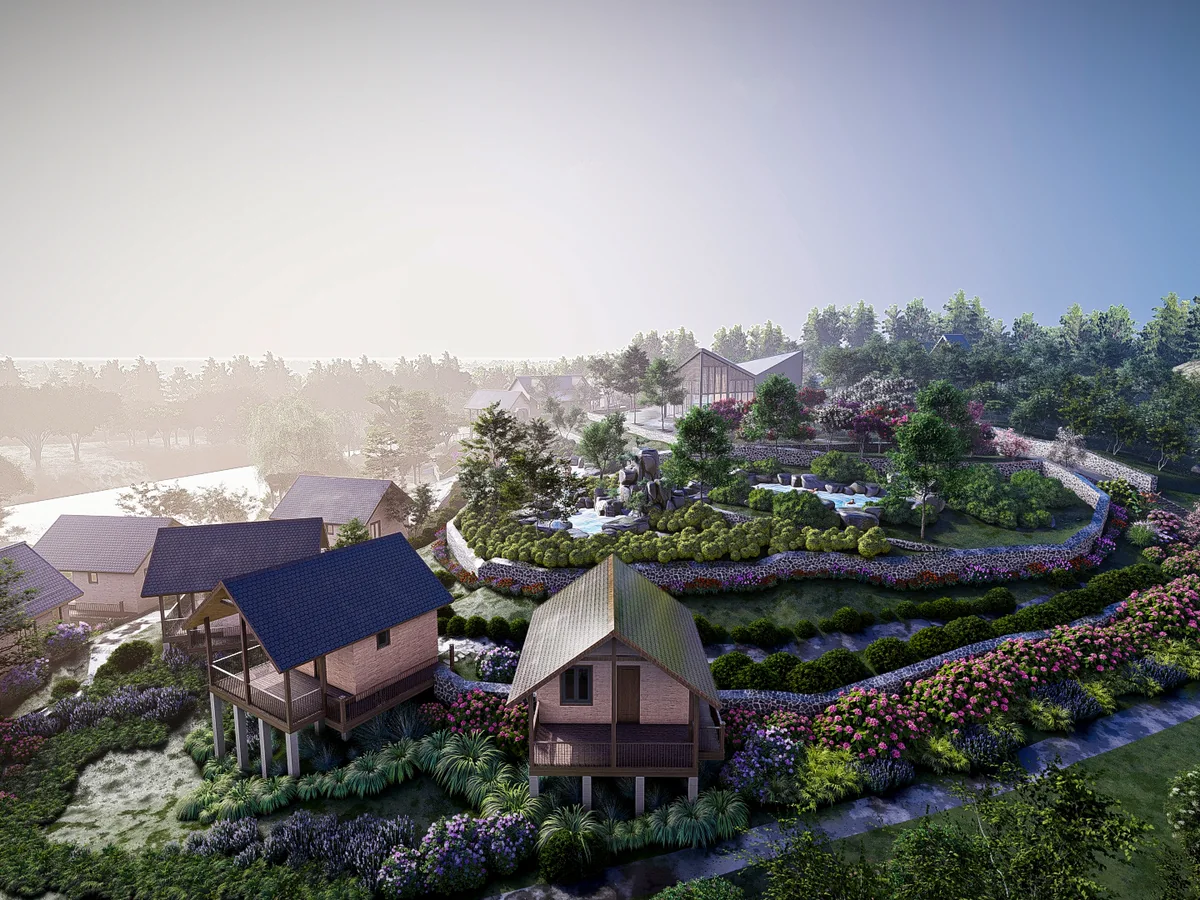 Phối cảnh thiết kế Farmstay Đắk Lắk với khu lưu trú, lối dạo và cảnh quan nhiều lớp