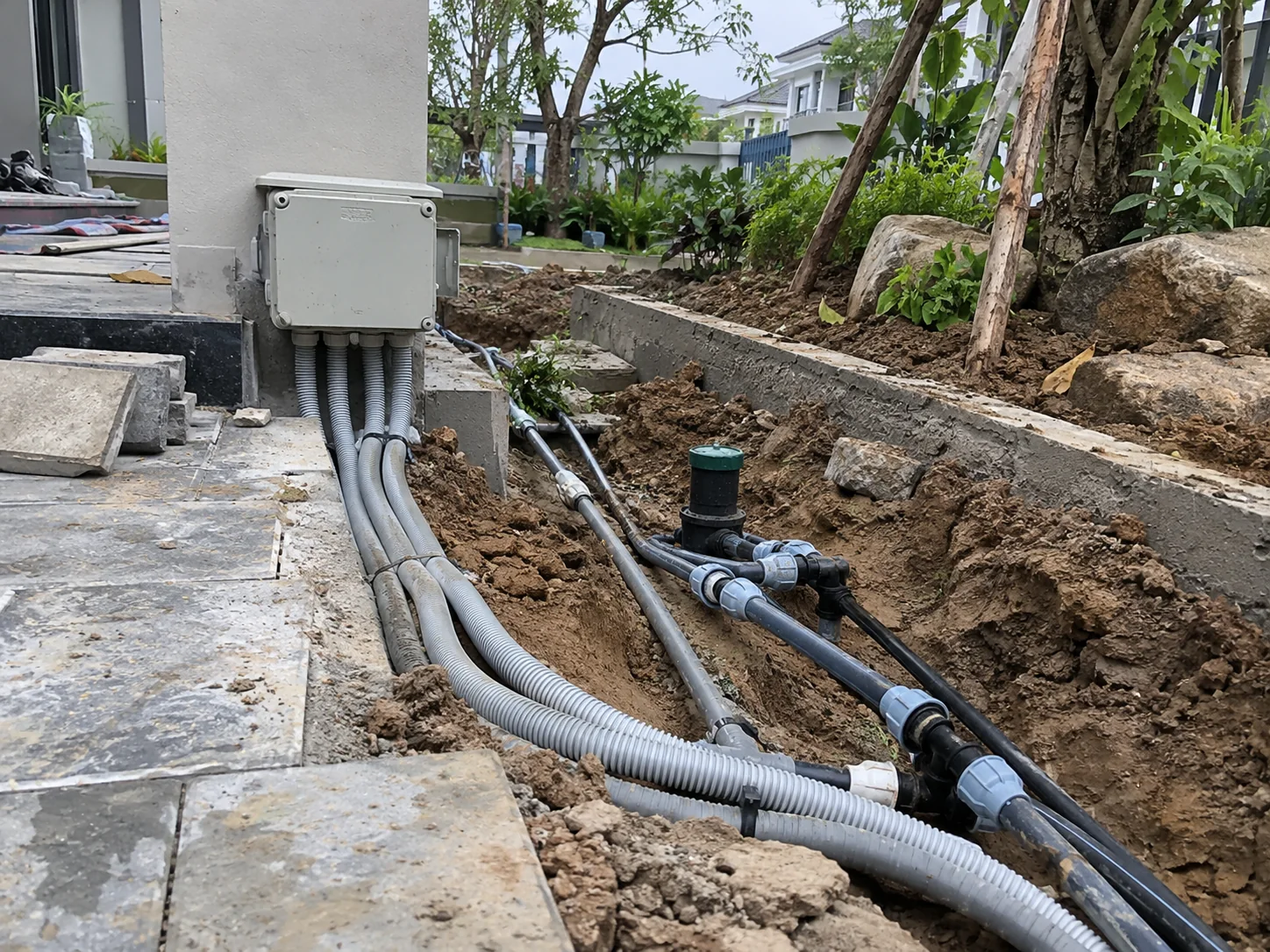 Tuyến điện sân vườn trước khi hoàn thiện nền